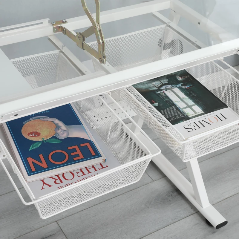 Adjustable Tempered Glass Drafting Table with 2 Metal Drawers, Chair, Powder-Coated Steel Frame Desk for Kids, 40" L x 23.5" W x 27.5" H, White