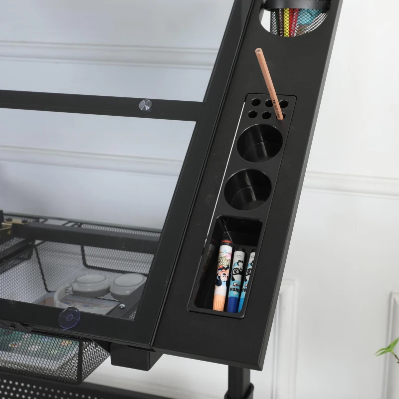 Hand-Crank Adjustable Drafting Table with 2 Drawers, Pull-Out MDF Side Shelf, Tempered Glass Top Desk for Kids, 38" L x 23.5" W x 29.5" H, Black