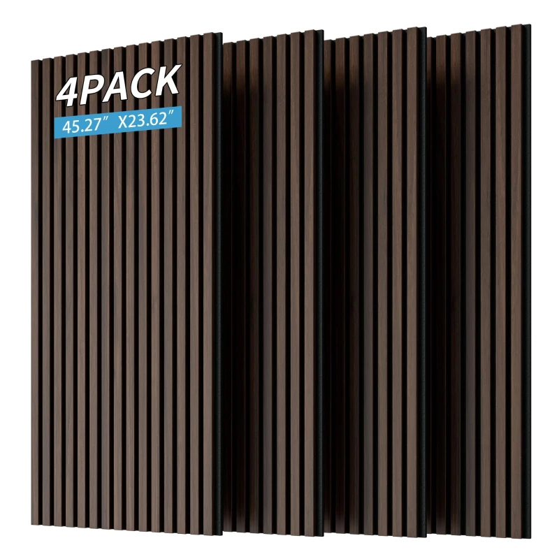 4-Pack Wood Slat Acoustic Wall Panels with MDF & High-Density Polyester, Fluted Cladding for Wall or Ceiling, 45.5" L x 23.5" W x 1" H, Walnut