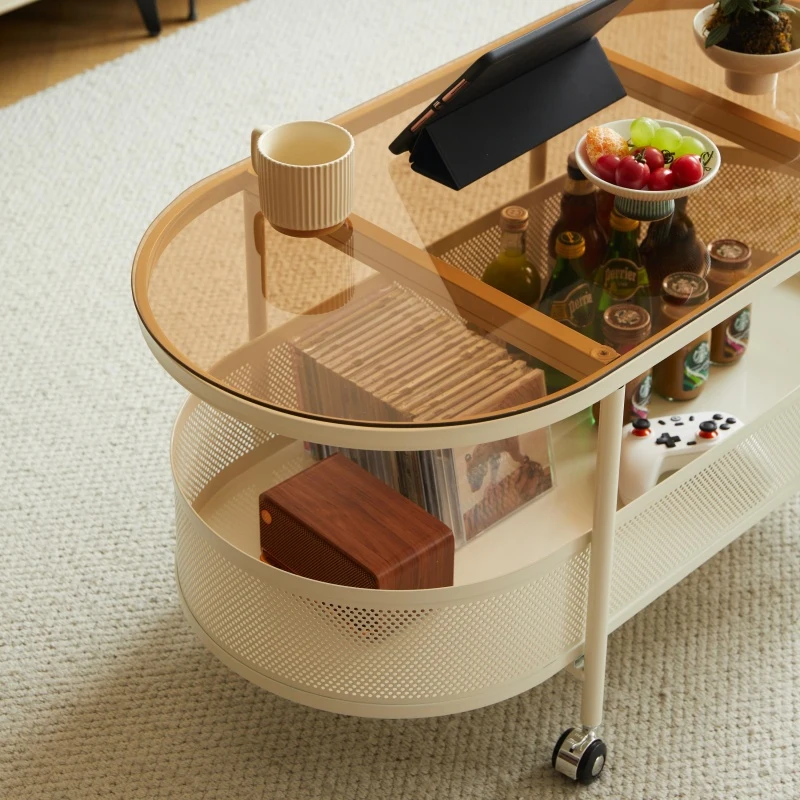 Oval Rolling Metal Coffee Table with 4 Swivel Casters, Tempered Glass Top, Storage Bin with Bottom Perforated, 35.5" L x 18" W x 18" H, White