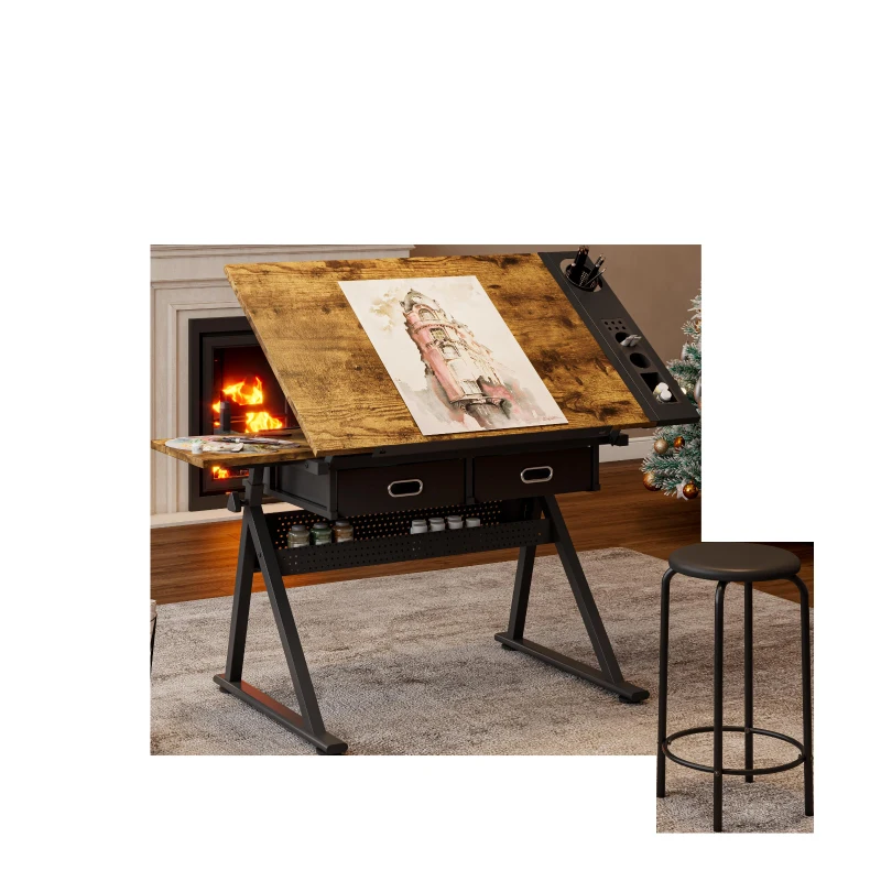 Adjustable Drafting Table Desk with Tilt Top, 2 Large Fabric Drawers, Drawing Desk with Side Pen Storage, 38.5" L x 23.5" W x 27" - 36" H, Brown