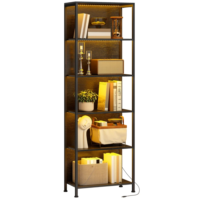 HOMCOM 5-Tier Bookshelf, Freestanding Bookcase with LED Lights and Metal Frame for Living Room, Bedroom, Home Office, Black