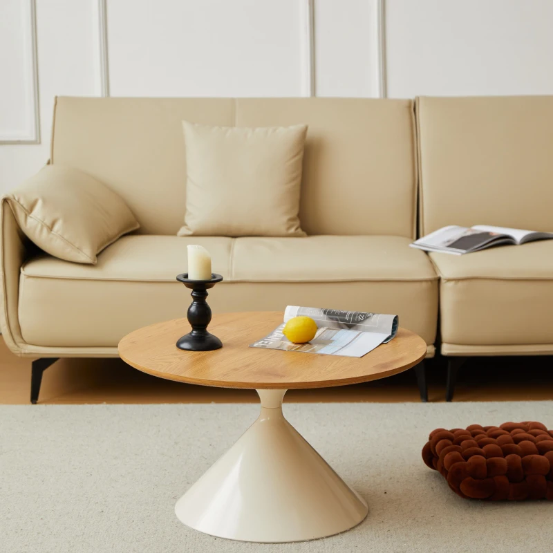 2-Piece Round Nesting Coffee Table Set with Curved Inset Edges, Tea Table Set with MDF Tops, 27.5" L x 27.5" W x 16" H, Brown+White