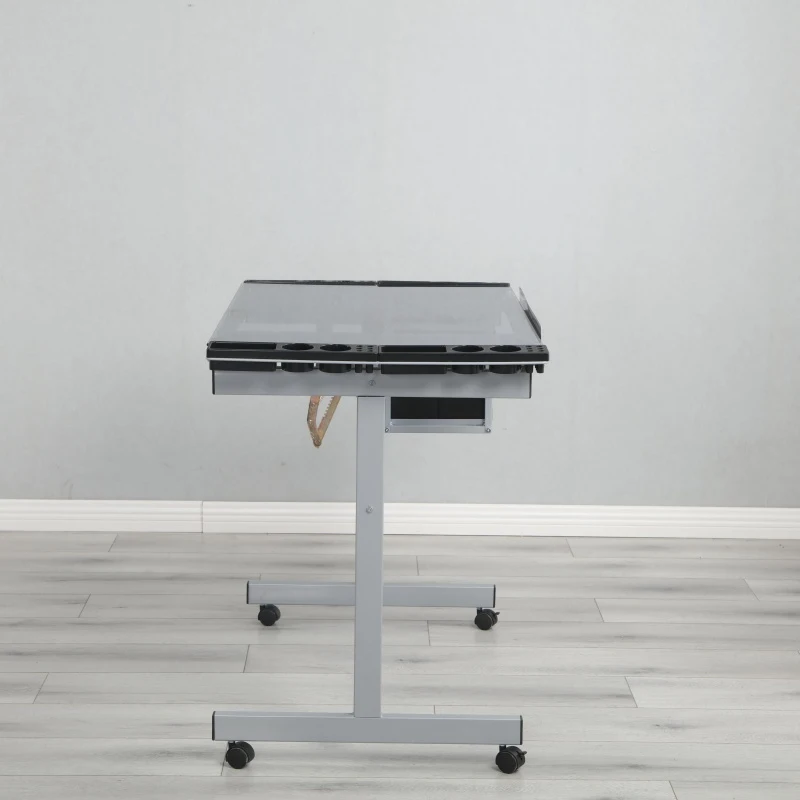 Adjustable Drafting Table Desk with 2 Fabric Drawers, 4 Locking Casters, Drawing Desk with Pencil Ledges, 40.5" L x 23.5" W x 31" H, Silver grey