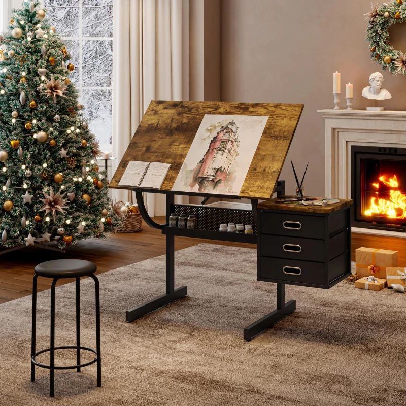 Adjustable Drafting Table with 3 Drawers, Owder-Coated Steel Frame, Drawing Desk for Sketching and Crafting, 46" L x 23.5" W x 29.5" H, Black