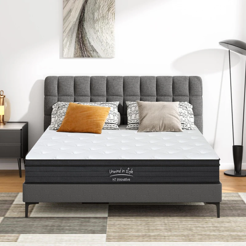 8'' Full Memory Foam Hybrid Mattress with Pocket Springs, Mattress Pad with Compressed and Vacuum-Sealed, 60'' L x 80'' W x 8'' H, White+gray