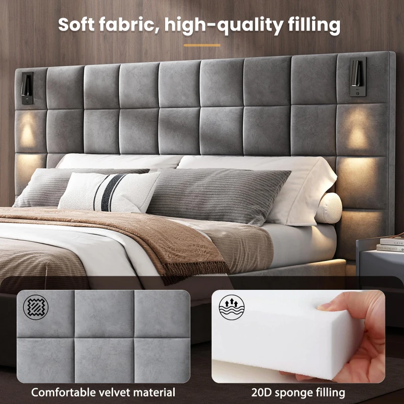 Queen Platform Bed Frame with Built-in Reading Lamps and USB Port, Platform Bed with High Headboard, 84.5'' L x 92'' W x 45.5'' H, Gray