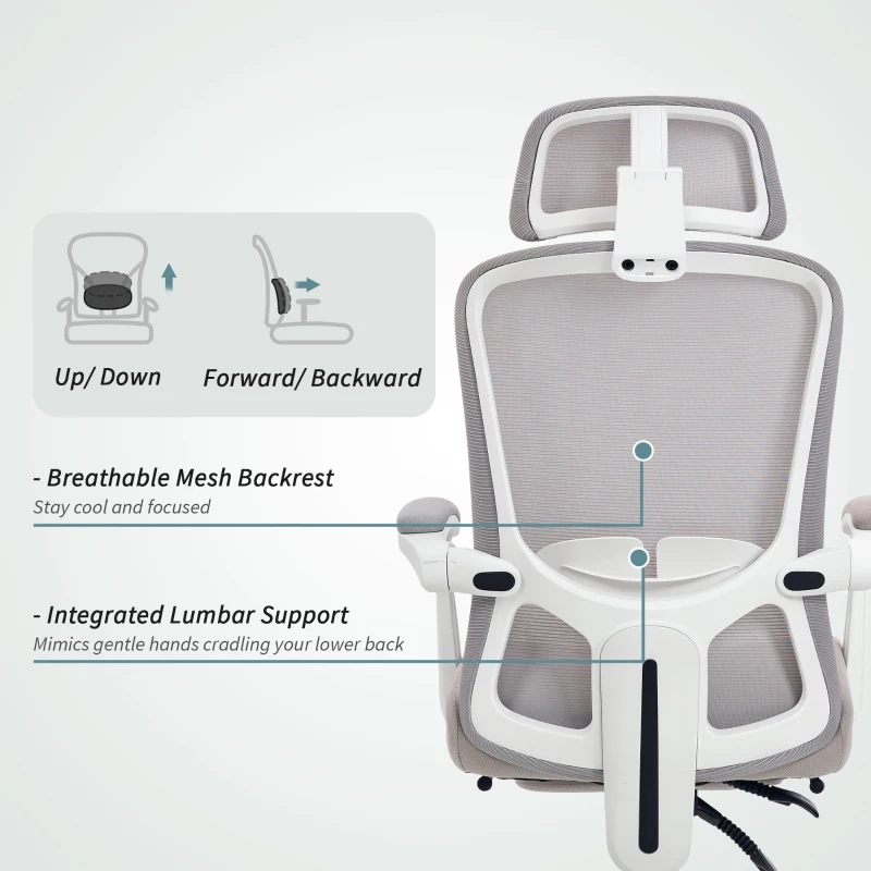 HOMCOM Ergonomic Office Chair, Mesh Reclining Desk Chair with Adjustable Lumbar Support, Headrest, Grey