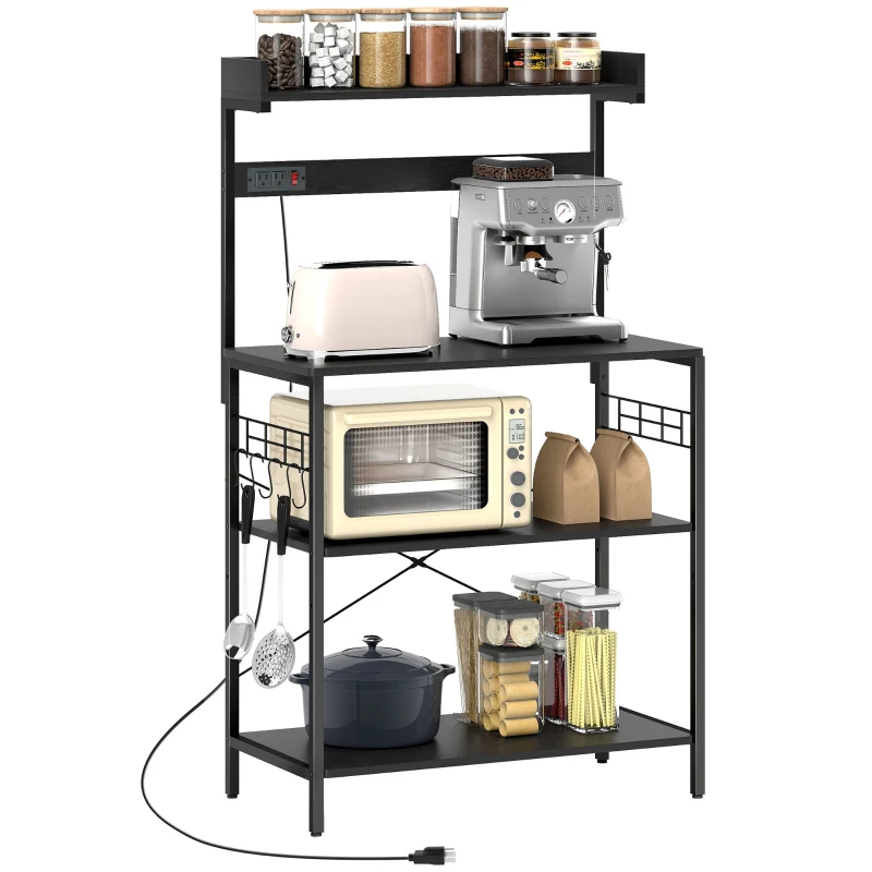 HOMCOM Kitchen Baker's Rack with Power Outlet, Coffee Bar Station with Adjustable Shelves and Hooks, Distressed Black