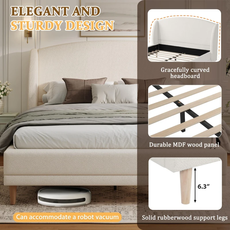 King Size Bed Frame with Soft Boucle Wingback Headboard, Upholstered Platform Bed with Wood Slats, 86.5'' L x 84'' W x 45.5'' H, White
