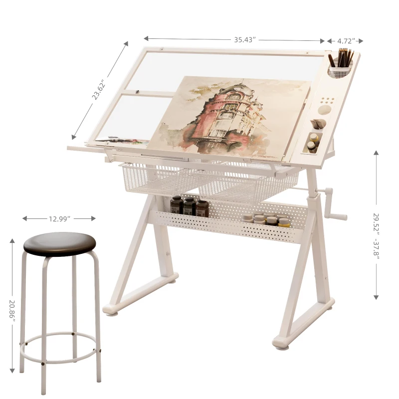 Hand-Crank Adjustable Drafting Table with 2 Large Metal Drawers, Drawing Desk with Tempered Glass Top, 40" L x 23.5" W x 29.5" H, White