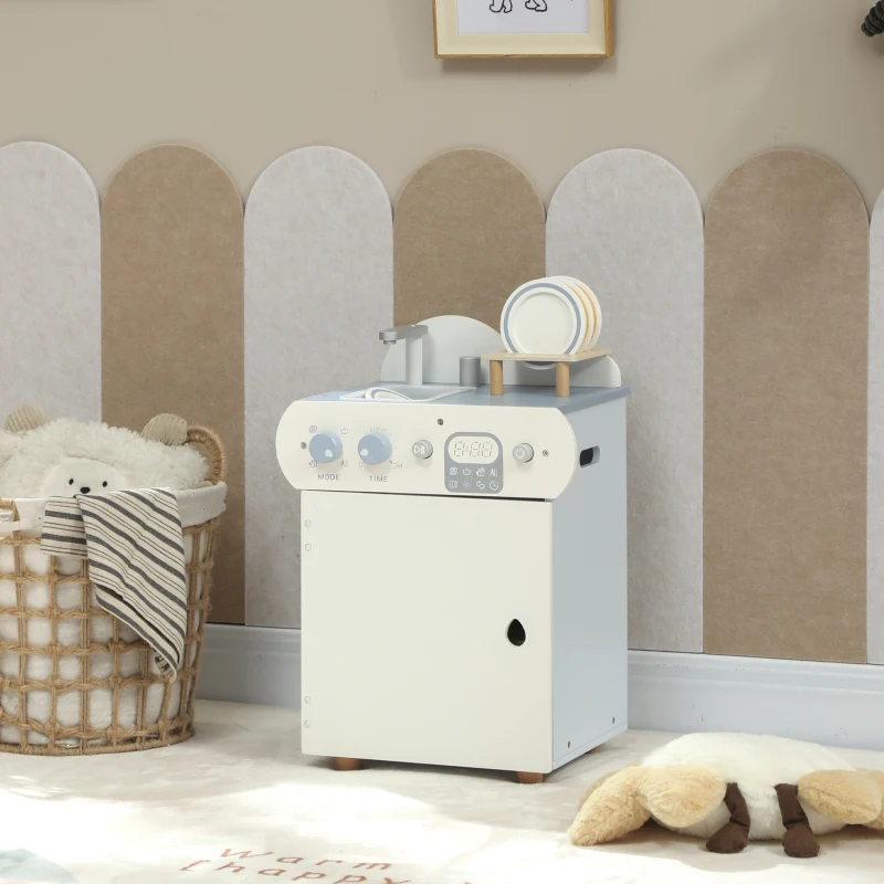 Qaba Wooden Dishwasher Playset, Play Sink Toys with Faucet, Turning Knobs and Accessories, Gift for Boys Girls Toddlers