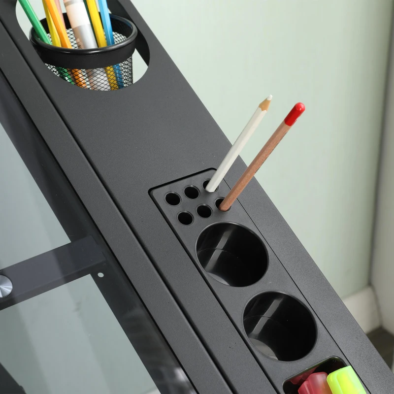 Adjustable Tempered Glass Drafting Table with 2 Large Metal Drawers and Stool, Desk with Side Storage Rails, 40" L x 23.5" W x 27.5" H, Black