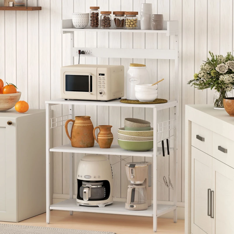 HOMCOM Kitchen Baker's Rack with Power Outlet, Coffee Bar Station with Adjustable Shelves and Hooks, Distressed White