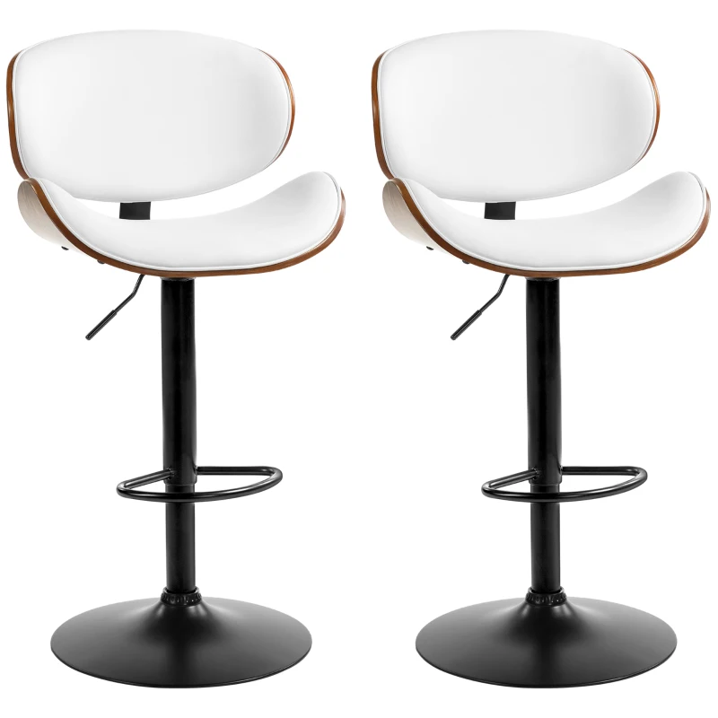 HOMCOM Bar Stools Set of 2, Modern PU Leather Adjustable Swivel Barstools with Curved Back, Footrest and Steel Base, White