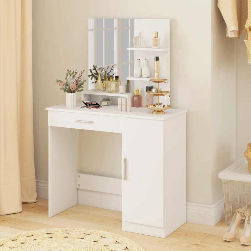 HOMCOM Vanity Desk with Mirror, Makeup Vanity w/ Drawer, Open Compartment and Shelves, Cabinet, Adjustable Shelves for Bedroom