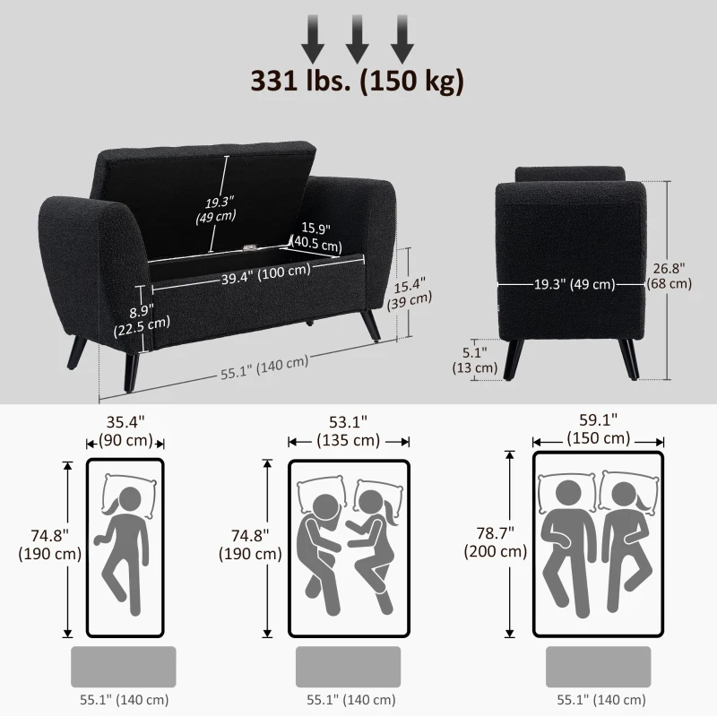 HOMCOM Upholstered Storage Bench with Arms, Modern Ottoman Bench for Bedroom, Entryway, and Living Room, Black