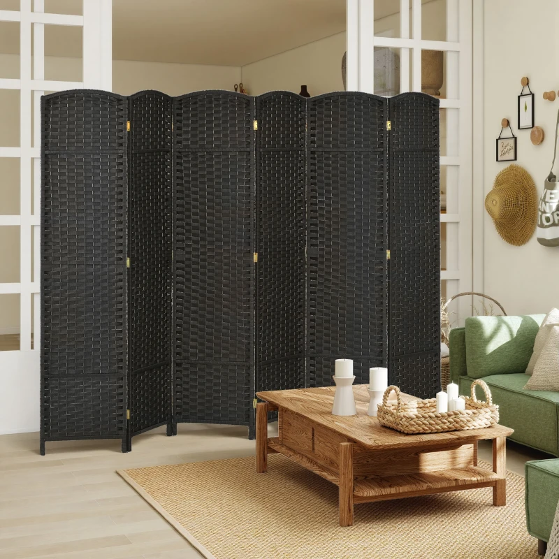 HOMCOM 5.6 Ft Tall Folding Room Divider, 6-panel Portable Privacy Screen, Hand-Woven Partition Wall Divider, Black