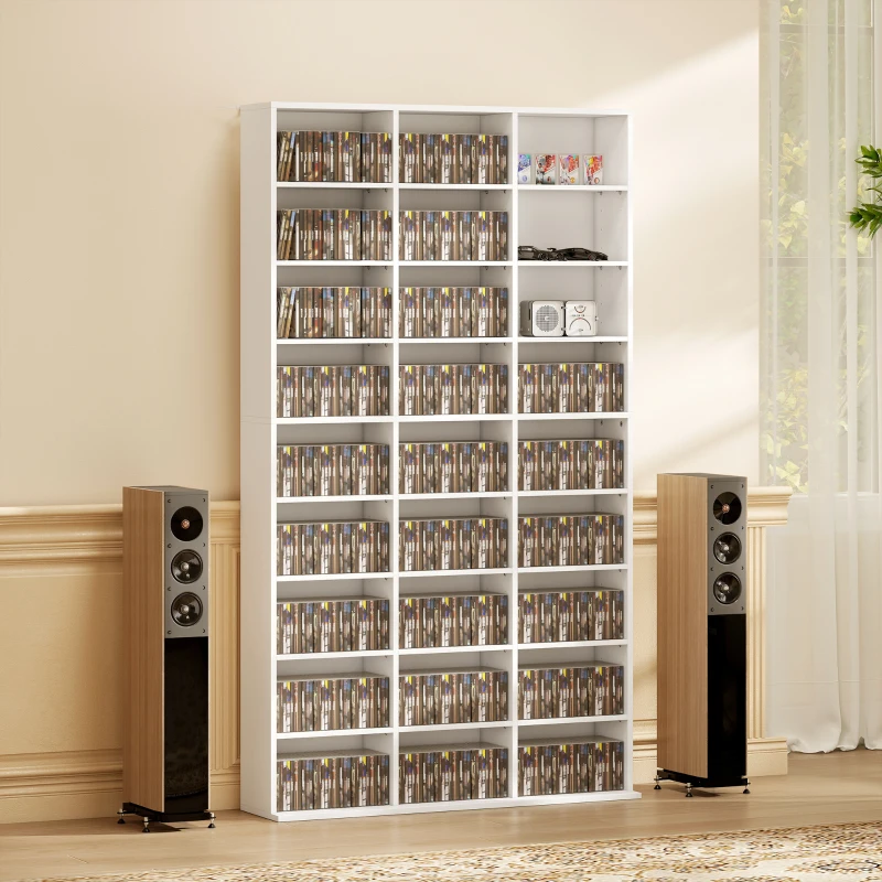 HOMCOM Media Storage Cabinet, 9-Tier DVD Shelf with 21 Adjustable Shelves, Holds 835 CDs, 500 DVDs or 640 Blu-rays, White