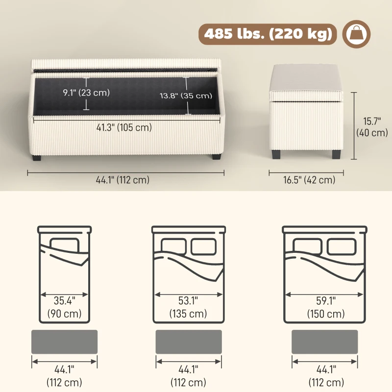 HOMCOM 44 Inches Ottoman with Storage, Lid, Legs, Corduroy End of Bed Bench for Living Room, Bedroom, Entryway, Beige