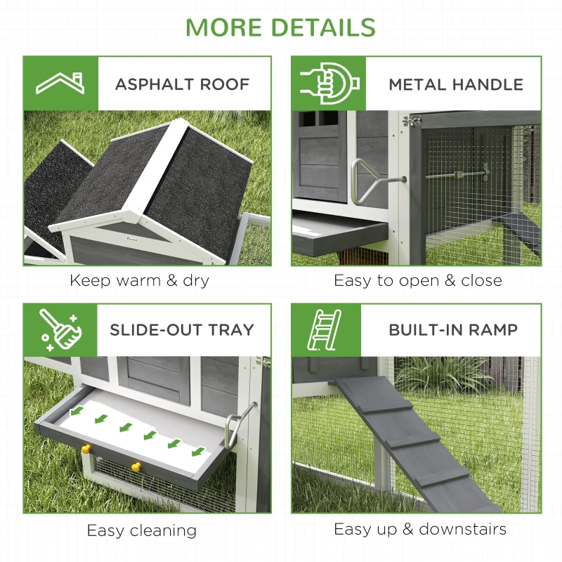 PawHut 117" Extra Large Chicken Coop with Asphalt Roof, Wooden Hen House with Slide-out Tray, Quail Hutch with Nesting Box, Grey