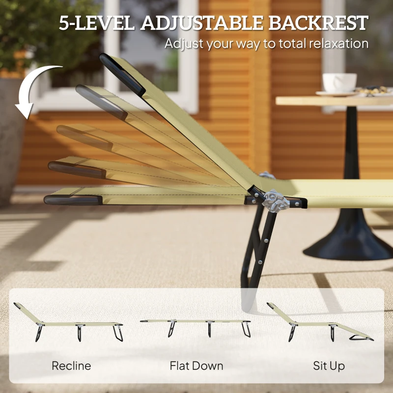 Outsunny Folding Chaise Lounge Pool Chairs, Outdoor Sun Tanning Chairs with 5-Level Reclining Back, Steel Frame for Beach, Yard, Patio, Beige