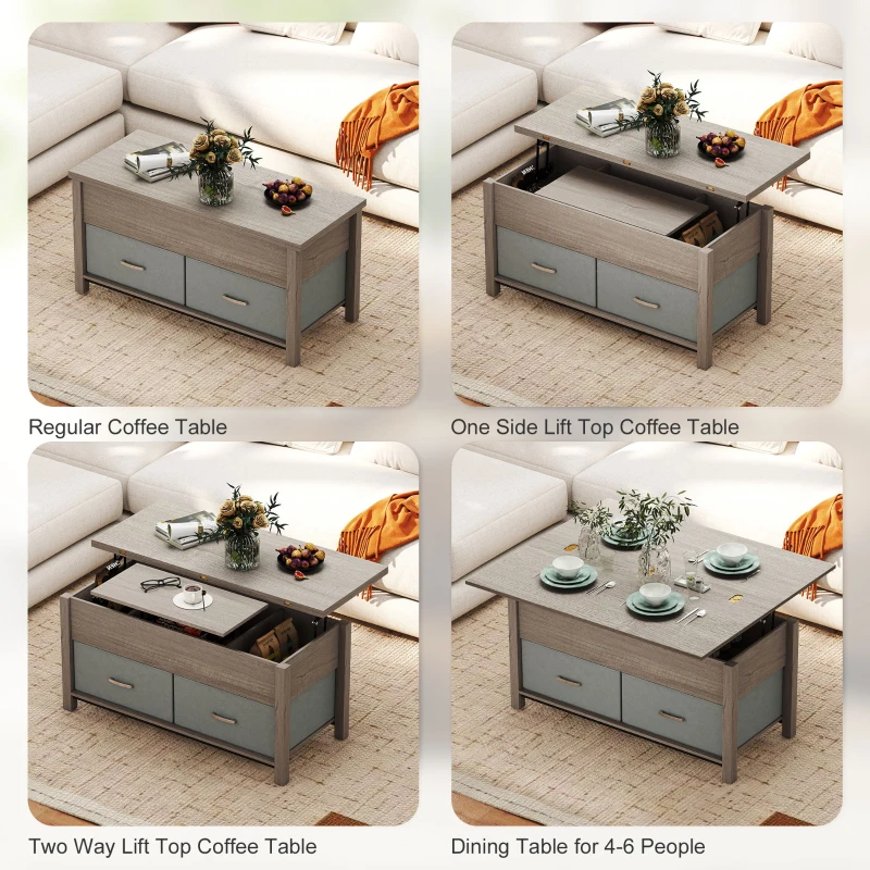 HOMCOM Lift Top Coffee Table, Center Table with 3 Hidden Compartments, 2 Fabric Drawers, Expandable Top and Charging Station