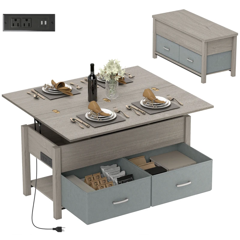 HOMCOM Lift Top Coffee Table, Center Table with 3 Hidden Compartments, 2 Fabric Drawers, Expandable Top and Charging Station