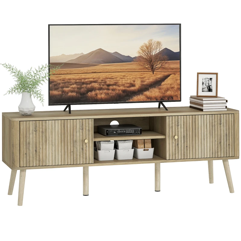 HOMCOM TV Stand for 65 Inch Television, Entertainment Center with Adjustable Shelves and Pine Wood Legs for Living Room, Oak