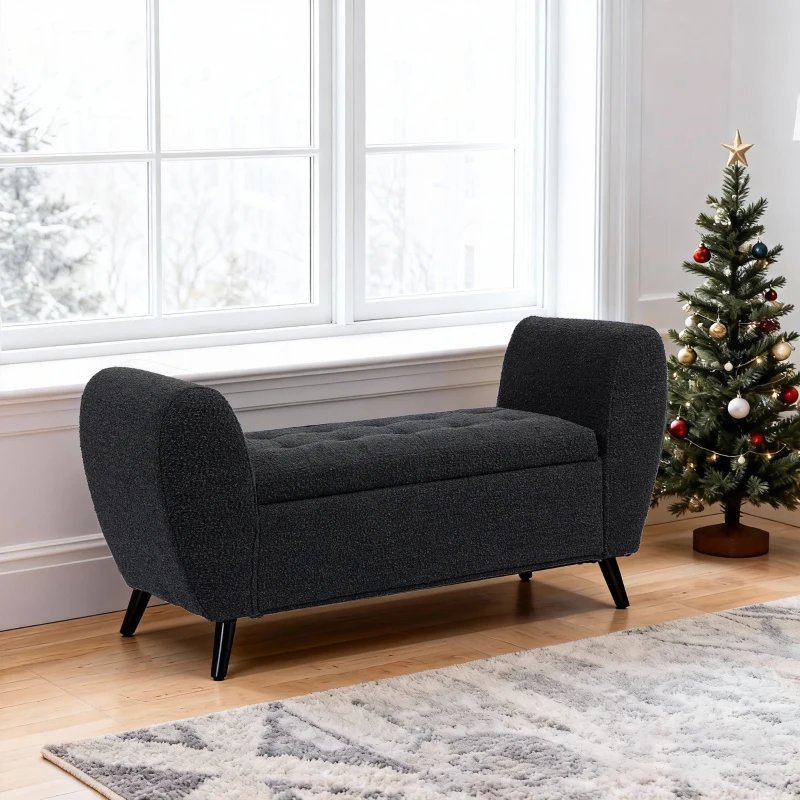 HOMCOM Upholstered Storage Bench with Arms, Modern Ottoman Bench for Bedroom, Entryway, and Living Room, Black