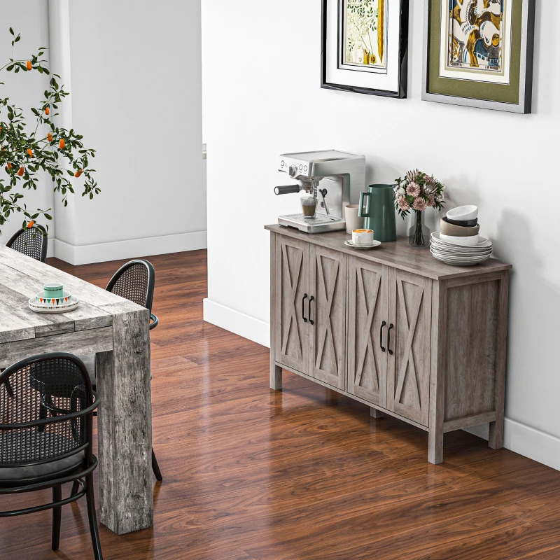 HOMCOM Sideboard Buffet with 4 Barn Doors and 2 Adjustable Shelves, Kitchen Buffet Cabinet for Living Room, Hallway, Gray