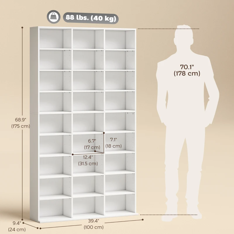 HOMCOM Media Storage Cabinet, 9-Tier DVD Shelf with 21 Adjustable Shelves, Holds 835 CDs, 500 DVDs or 640 Blu-rays, White