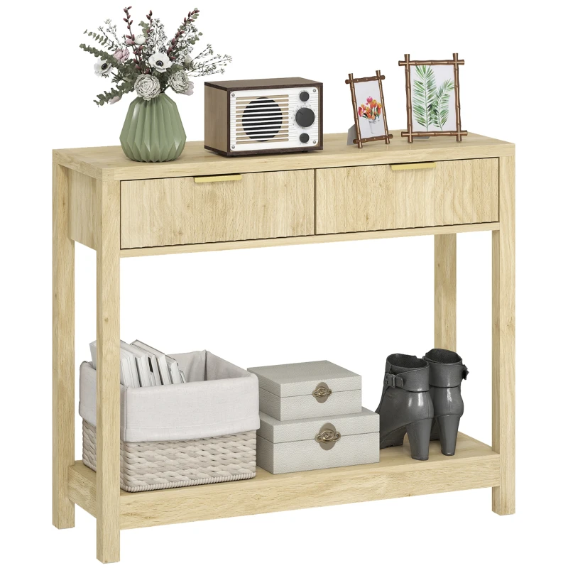 HOMCOM 35" Console Table with Storage, Narrow Entryway Table with Fluted Panel Drawers and Shelf for Hallway, Natural