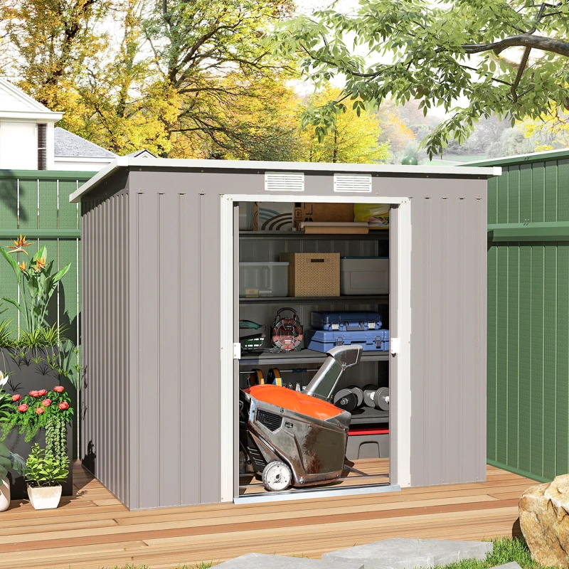 Outsunny 7' x 4' Galvanised Steel Garden Shed, with Foundation Kit - Grey