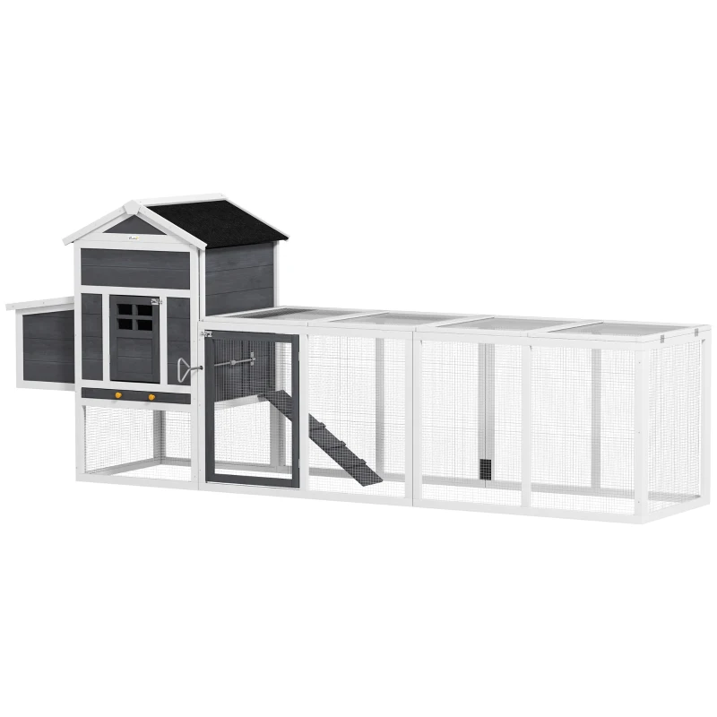 PawHut 117" Extra Large Chicken Coop with Asphalt Roof, Wooden Hen House with Slide-out Tray, Quail Hutch with Nesting Box, Grey