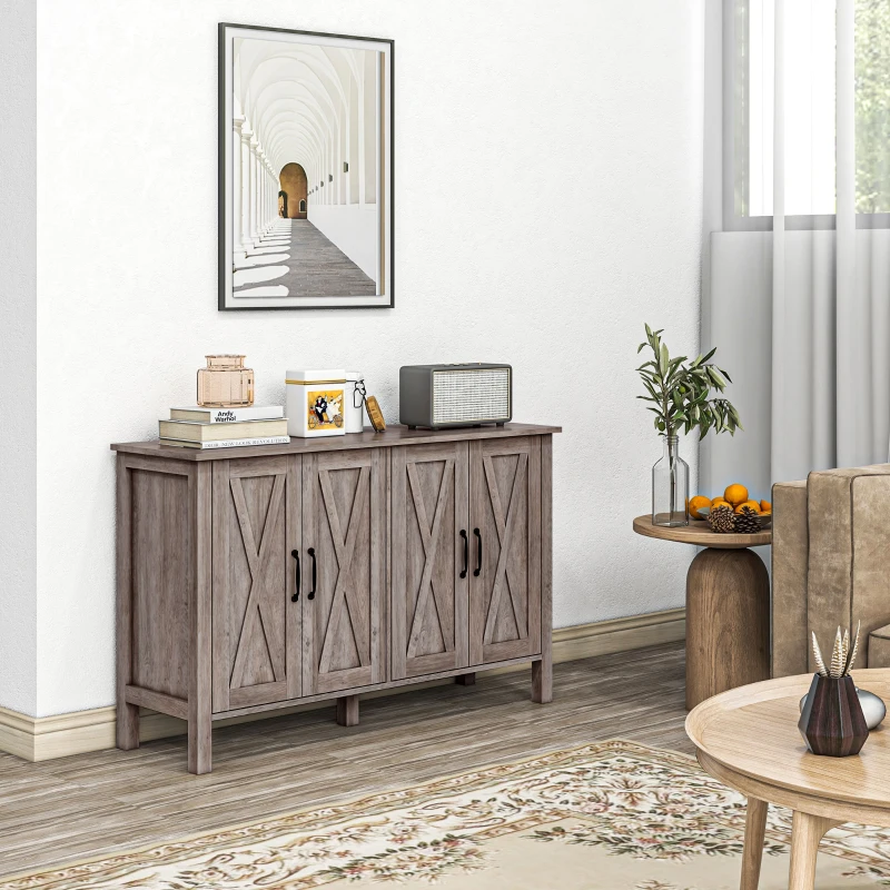 HOMCOM Sideboard Buffet with 4 Barn Doors and 2 Adjustable Shelves, Kitchen Buffet Cabinet for Living Room, Hallway, Gray