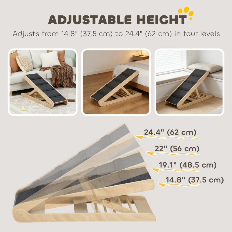 PawHut Dog Ramp for Bed Couch, Foldable Pet Ramp Height Adjustable 4 Levels from 14.75" to 24.5" for Cats and Small Dogs with Non-Slip Carpeted Surface, Natural