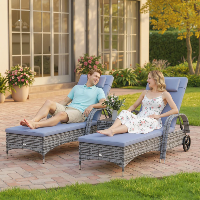 Outsunny Wicker Outdoor Chaise Lounge Chair Set of 3 with Side Table, 5-Level Adjustable Backrest PE Rattan Pool Lounge Chair with Wheels, Cushion & Headrest, Mixed Gray and Gray