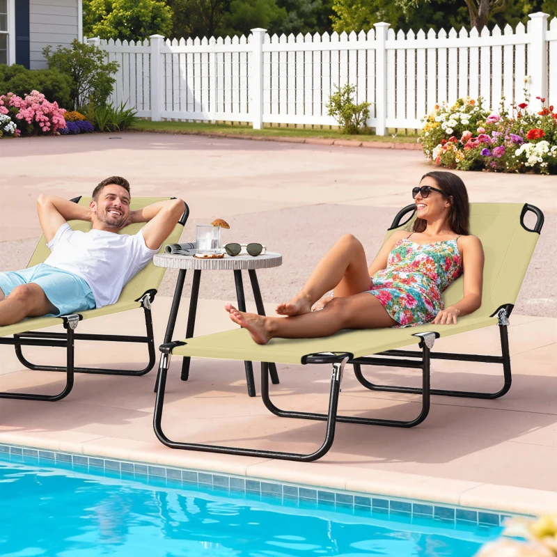 Outsunny Folding Chaise Lounge Pool Chairs, Outdoor Sun Tanning Chairs with 5-Level Reclining Back, Steel Frame for Beach, Yard, Patio, Beige