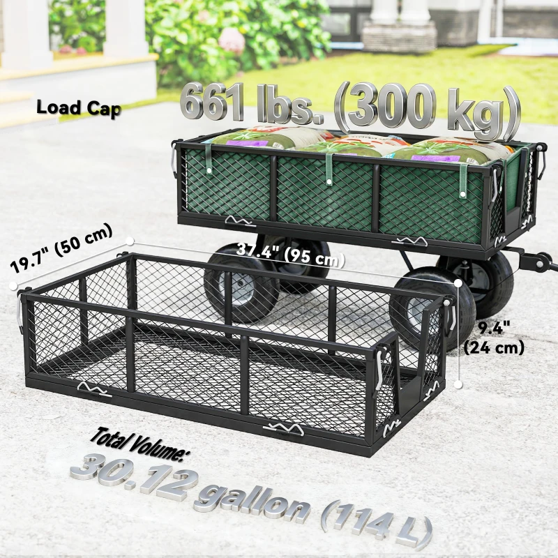 Outsunny Steel Garden Cart, Utility Wagon Cart with Removable Liner, Quick-Release Sides, 10" Wheels, 660lbs Capacity, Green