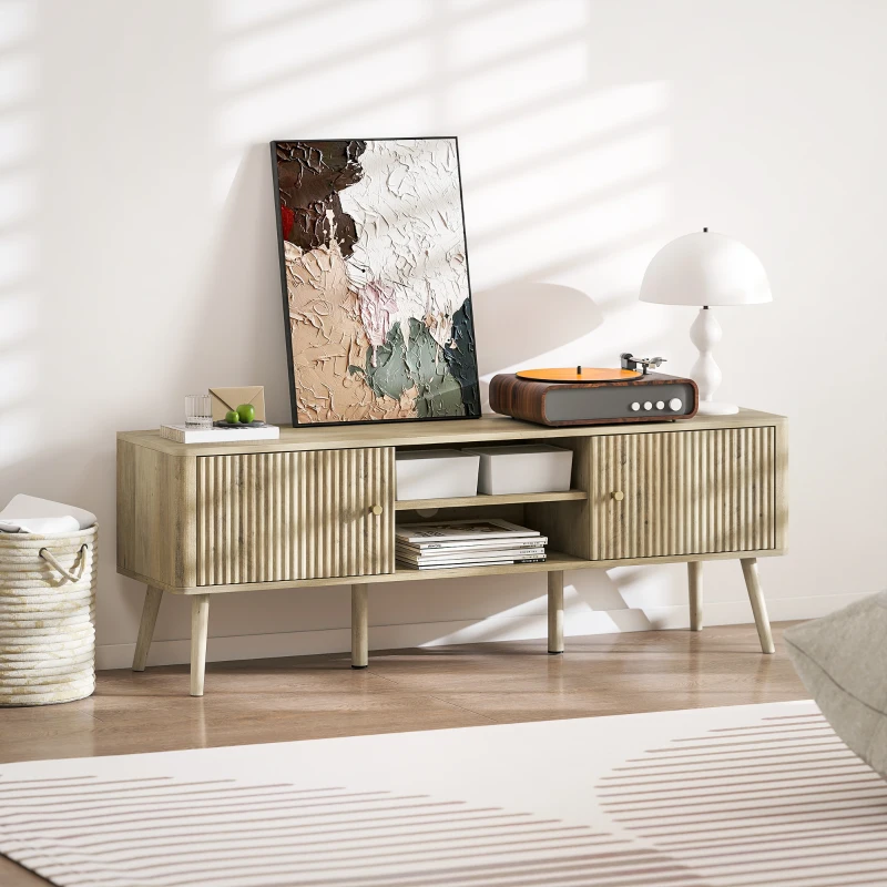 HOMCOM TV Stand for 65 Inch Television, Entertainment Center with Adjustable Shelves and Pine Wood Legs for Living Room, Oak