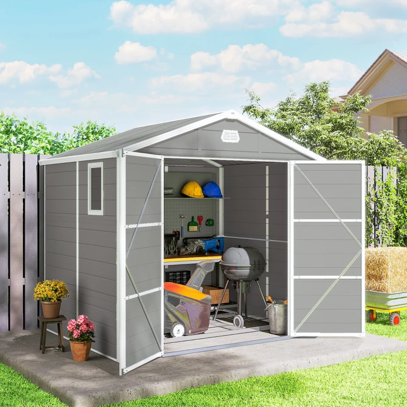 Outsunny 8' x 6' Plastic Garden Storage Shed with Latch Door, Vents, Sloped Roof, Light Grey
