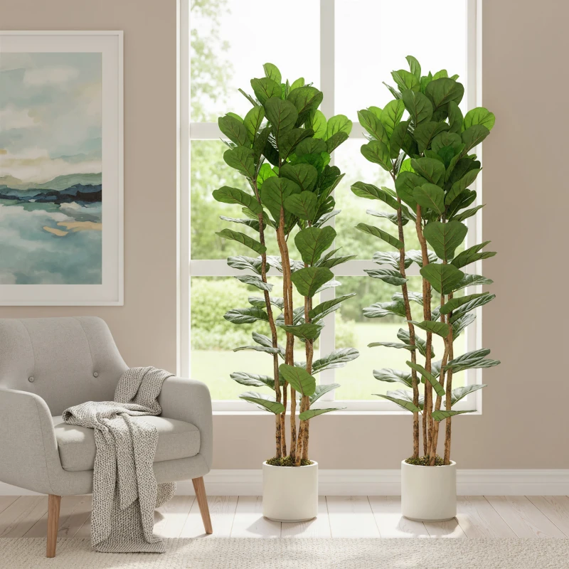 HOMCOM 6FT Artificial Fiddle Leaf Fig Tree Set of 2, Fake Potted Tree with Solid Wood Trunks for Indoor Decor, Green