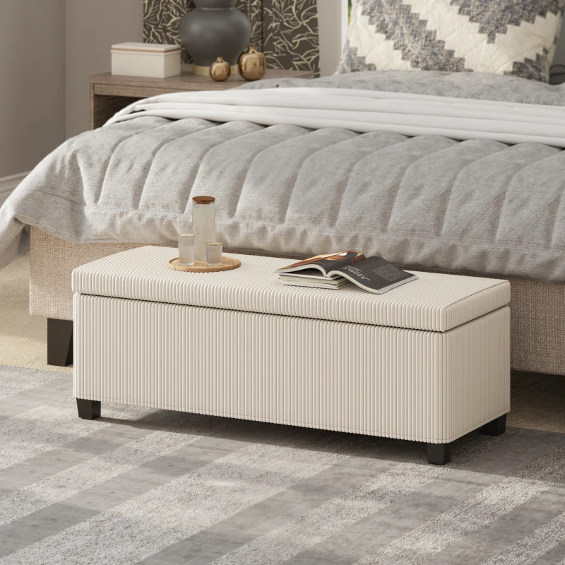 HOMCOM 44 Inches Ottoman with Storage, Lid, Legs, Corduroy End of Bed Bench for Living Room, Bedroom, Entryway, Beige