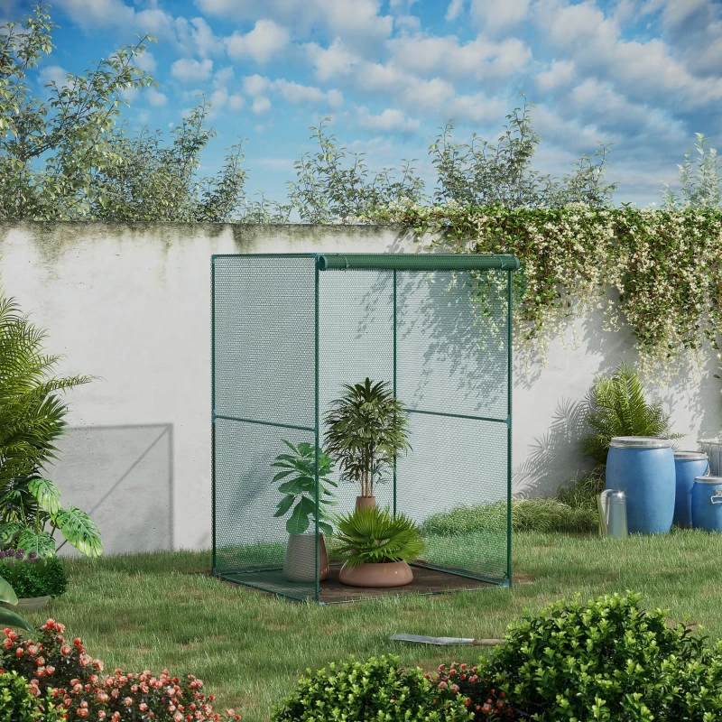 Outsunny Walk-in Crop Cage, Plant Protectors from Animals with Roll Up Zippered Door, 3.9' x 3.9' x 5.9', Dark Green