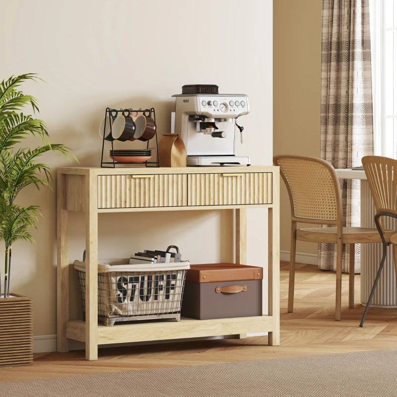 HOMCOM 35" Console Table with Storage, Narrow Entryway Table with Fluted Panel Drawers and Shelf for Hallway, Natural