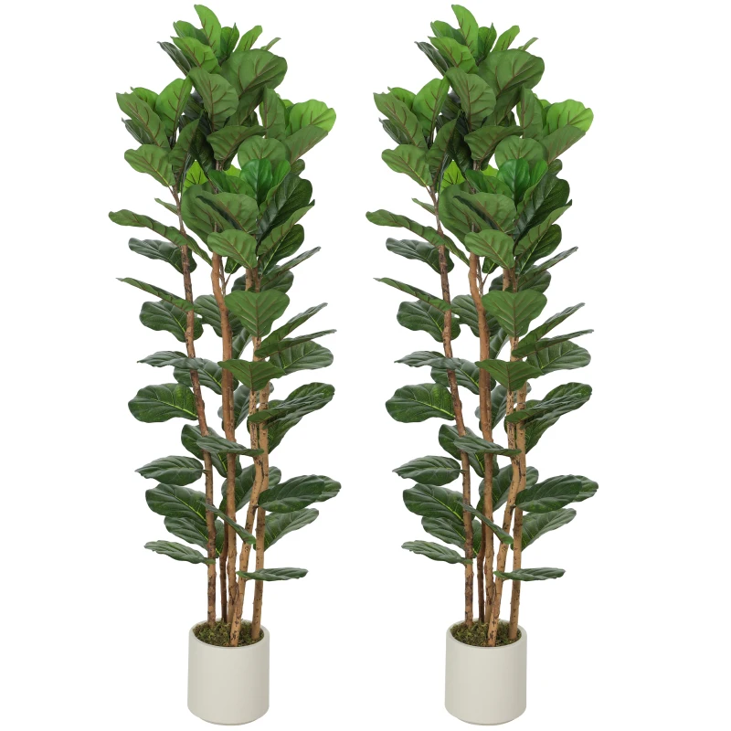 HOMCOM 6FT Artificial Fiddle Leaf Fig Tree Set of 2, Fake Potted Tree with Solid Wood Trunks for Indoor Decor, Green
