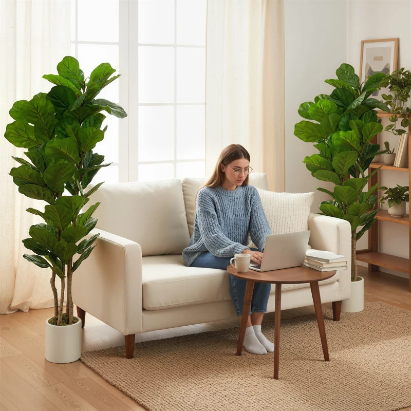 HOMCOM 6FT Artificial Fiddle Leaf Fig Tree Set of 2, Fake Potted Tree with Solid Wood Trunks for Indoor Decor, Green