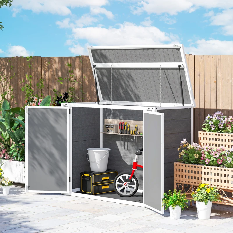 Outsunny 41 Cu. Ft. Outdoor Storage Shed, Outdoor Horizontal Trash Can Storage with Chain Lid, Lockable Storage Box, Grey