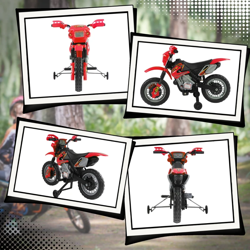 Aosom 6V Kids Motorcycle, Electric Motorcycle with Dirt Bike Style, Street Bike Design Battery Powered Ride On Toy with Training Wheels, Headlight, Music, Ages 5-8, Red